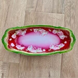 RARE Brunswick Furstenberg Green Pink Roses Porcelain Serving Dish Platter 12” L